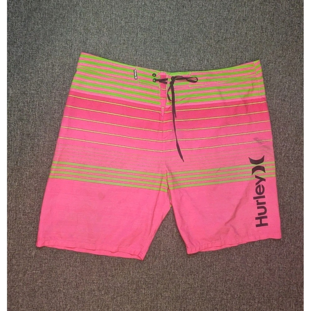 Hurley Mens Striped Colorblock Swim Trunks Size 40 Swim Trunks Pink / Green 8"